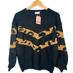 Grace & Emma Crewneck Sweater Knit Casual Long Sleeve Black Tan - S